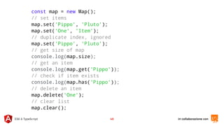 in collaborazione conES6 & TypeScript 48
const map = new Map();
// set items
map.set('Pippo', 'Pluto');
map.set('One', 'Item');
// duplicate index, ignored
map.set('Pippo', 'Pluto');
// get size of map
console.log(map.size);
// get an item
console.log(map.get('Pippo'));
// check if item exists
console.log(map.has('Pippo'));
// delete an item
map.delete('One');
// clear list
map.clear();
 