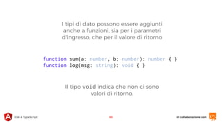 in collaborazione conES6 & TypeScript
I tipi di dato possono essere aggiunti
anche a funzioni, sia per i parametri
d'ingresso, che per il valore di ritorno
60
function sum(a: number, b: number): number { }
function log(msg: string): void { }
Il tipo void indica che non ci sono
valori di ritorno.
 