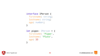 in collaborazione conES6 & TypeScript 66
interface IPerson {
firstname: string;
lastname: string;
age: number;
}
let pippo: IPerson = {
firstname: 'Pippo',
lastname: 'Pluto',
age: 33
}
 