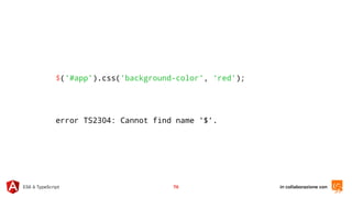 in collaborazione conES6 & TypeScript 76
$('#app').css('background-color', 'red');
error TS2304: Cannot find name '$'.
 