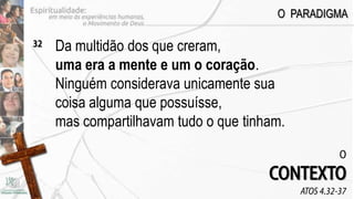 O PARADIGMA

32   Da multidão dos que creram,
     uma era a mente e um o coração.
     Ninguém considerava unicamente sua
     coisa alguma que possuísse,
     mas compartilhavam tudo o que tinham.

                                                       O
                                       CONTEXTO
                                             ATOS 4.32-37
 