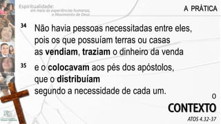 A PRÁTICA

34
     Não havia pessoas necessitadas entre eles,
     pois os que possuíam terras ou casas
     as vendiam, traziam o dinheiro da venda
35
     e o colocavam aos pés dos apóstolos,
     que o distribuíam
     segundo a necessidade de cada um.                 O
                                        CONTEXTO
                                             ATOS 4.32-37
 
