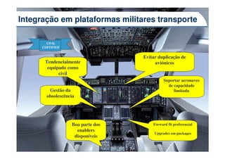 Integração em plataformas militares transporte

        CIVIL
      CERTIFIED


                                   Evitar duplicação de
       Tendencialmente                  aviónicos
        equipado como
             civil
                                             Suportar aeronaves
                                               de capacidade
         Gestão da                                limitada
        obsolescência




                   Boa parte dos       Forward fit preferencial
                     enablers
                                        Upgrades em packages
                    disponíveis
                                                                  17
 