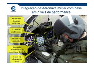 Integração de Aeronave militar com base
                    em níveis de performance
   Re-utilizar
    sistemas
    militares


   Avionicos
   multi modo


   Minimizar
    retrofits


    Acomodar
  plataformas de
capacidade limitada

     Apoio em
    sistemas de
                                                       18
        terra
 