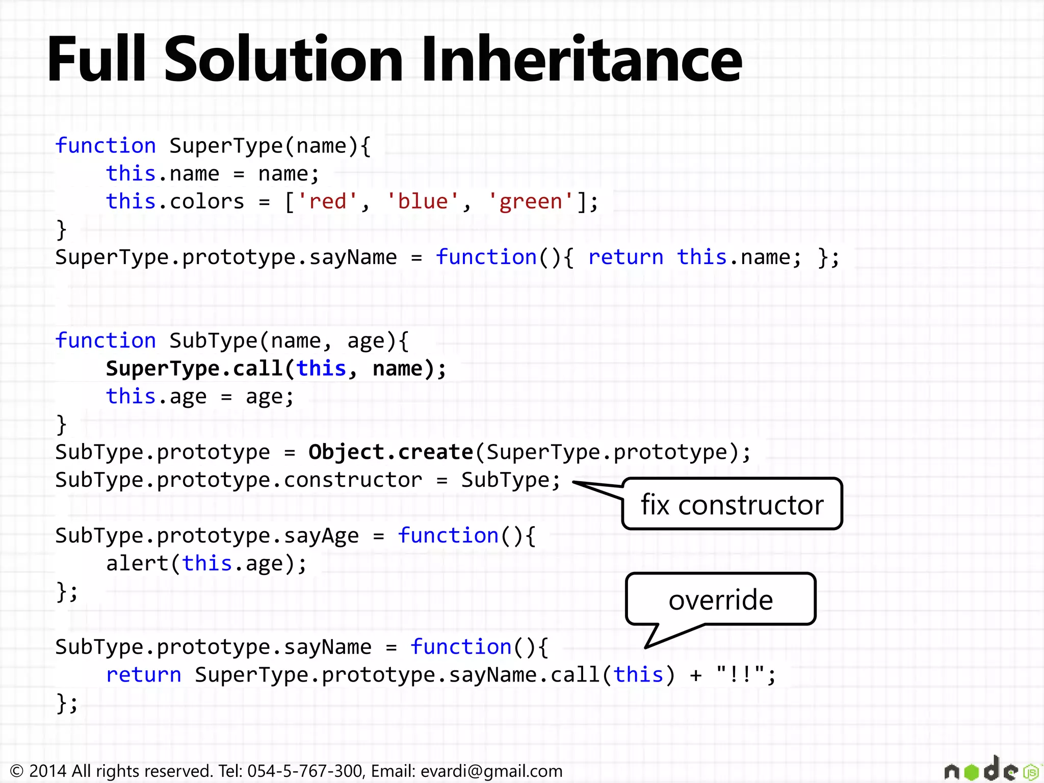 © 2014 All rights reserved. Tel: 054-5-767-300, Email: evardi@gmail.com
function SuperType(name){
this.name = name;
this.colors = ['red', 'blue', 'green'];
}
SuperType.prototype.sayName = function(){ return this.name; };
function SubType(name, age){
SuperType.call(this, name);
this.age = age;
}
SubType.prototype = Object.create(SuperType.prototype);
SubType.prototype.constructor = SubType;
SubType.prototype.sayAge = function(){
alert(this.age);
};
SubType.prototype.sayName = function(){
return SuperType.prototype.sayName.call(this) + "!!";
};
override
fix constructor
 