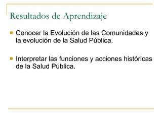Resultados de Aprendizaje Conocer la Evolución de las Comunidades y la evolución de la Salud Pública. Interpretar las funciones y acciones históricas de la Salud Pública. 