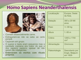  Comiam essencialmente carne.
 Extinguiram-se não se sabe ao certo
porquê.
 Caçavam em grupo.
 O queixo e testa eram pequenos mas a
cavidade craniana era maior do que a
dos sapiens sapiens, apesar de não
serem tão inteligentes.
 Enterravam os mortos com rituais
próprios.
Homo Sapiens Neanderthalensis
Localização Europa, Oeste
da Ásia,
Datação 300 a 29 Mil
anos
Peso +/- 80 kg
Altura 1. 65 m
Crânio 1200 a 1700
cm³
Alimentação Omnívora
Paleontologia Descoberto por
Engis, Belgium
em 1829
 