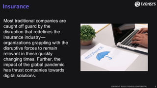 Insurance
COPYRIGHT ©2023 EVONSYS | CONFIDENTIAL 3
Most traditional companies are
caught off guard by the
disruption that redefines the
insurance industry—
organizations grappling with the
disruptive forces to remain
relevant in these quickly
changing times. Further, the
impact of the global pandemic
has thrust companies towards
digital solutions.
 