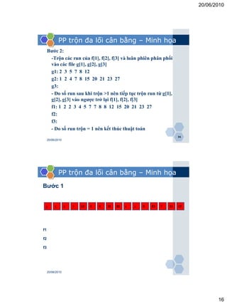 20/06/2010




              PP trộn đa lối cân bằng – Minh họa
     Bước 2:
      -Trộn các run của f[1], f[2], f[3] và luân phiên phân phối
      vào các file g[1], g[2], g[3]
      g1: 2 3 5 7 8 12
      g2: 1 2 4 7 8 15 20 21 23 27
      g3:
      - Do số run sau khi trộn >1 nên tiếp tục trộn run từ g[1],
      g[2], g[3] vào ngược trở lại f[1], f[2], f[3]
      f1: 1 2 2 3 4 5 7 7 8 8 12 15 20 21 23 27
      f2:
      f3:
      - Do số run trộn = 1 nên kết thúc thuật toán
                                                                           31
     20/06/2010




              PP trộn đa lối cân bằng – Minh họa
Bước 1


 3        5       2   7   12   8   4   15   20   1   2   8   23   7   21   27




f1

f2

f3




     20/06/2010




                                                                                       16
 