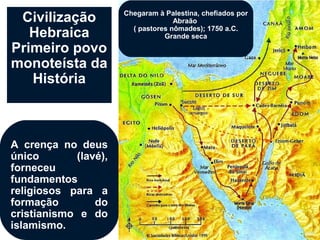 Civilização          Chegaram à Palestina, chefiados por
                                    Abraão
   Hebraica             ( pastores nômades); 1750 a.C.
                                 Grande seca
Primeiro povo
monoteísta da
   História



A crença no deus
único       (lavé),
forneceu
fundamentos
religiosos para a
formação        do
cristianismo e do
islamismo.
 