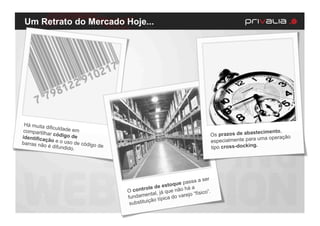 Um Retrato do Mercado Hoje...




 Há muita d
            ificuldade
compartilh              em                                                                          tecimento,
           ar código
                        de                                                        Os prazos de abas
identificaç                                                                                          uma operação
barras não
            ã o e o u so
                         de código                                                especialmente para
           é difundido
                         .
                                   de                                             tipo cross-docking.




                                                                             a ser
                                                                u e passa
                                                        e estoq
                                        O co ntrole d que não há a
                                                      l, já                  sico”.
                                        fund amenta               v arejo “fí
                                                        típica do
                                         subs tituição
 