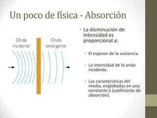 Un poco de física - Absorción
• La disminución de
intensidad es
proporcional a:
• El espesor de la sustancia.
• La intensidad de la onda
incidente.
• Las características del
medio, englobadas en una
constante a (coeficiente de
absorción).
 