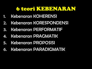 6 teori KEBENARAN
1. Kebenaran KOHERENSI
2. Kebenaran KORESPONDENSI
3. Kebenaran PERFORMATIF
4. Kebenaran PRAGMATIK
5. Kebenaran PROPOSISI
6. Kebenaran PARADIGMATIK
 
