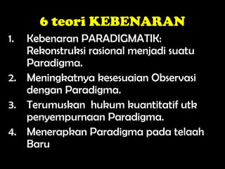 6 teori KEBENARAN
1. Kebenaran PARADIGMATIK:
Rekonstruksi rasional menjadi suatu
Paradigma.
2. Meningkatnya kesesuaian Observasi
dengan Paradigma.
3. Terumuskan hukum kuantitatif utk
penyempurnaan Paradigma.
4. Menerapkan Paradigma pada telaah
Baru
 