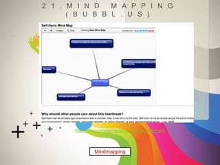 2 1 . M I N D M A P P I N G
( B U B B L . U S )
Mindmapping
http://madaboutmattering.wikispaces.com/Self+Harm
 