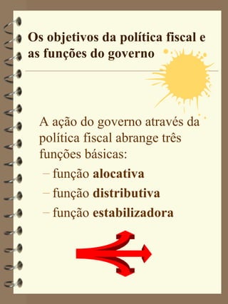 Os objetivos da política fiscal e
as funções do governo




  A ação do governo através da
  política fiscal abrange três
  funções básicas:
   – função alocativa
   – função distributiva
   – função estabilizadora
 