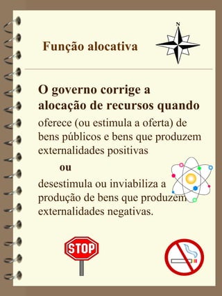 Função alocativa


O governo corrige a
alocação de recursos quando
oferece (ou estimula a oferta) de
bens públicos e bens que produzem
externalidades positivas
     ou
desestimula ou inviabiliza a
produção de bens que produzem
externalidades negativas.
 