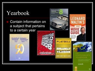 Yearbook 
 Contain information on 
a subject that pertains 
to a certain year 
 