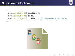 N pertsona idazteko III
...
oos.writeObject( maitane );
oos.writeObject( mikel );
oos.writeObject( iraide ); // hirugarren posizioan
...
 