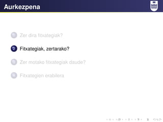 Aurkezpena
1 Zer dira fitxategiak?
2 Fitxategiak, zertarako?
3 Zer motako fitxategiak daude?
4 Fitxategien erabilera
 