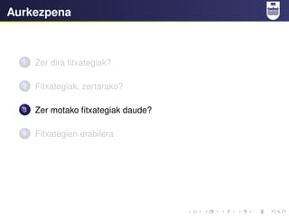 Aurkezpena
1 Zer dira fitxategiak?
2 Fitxategiak, zertarako?
3 Zer motako fitxategiak daude?
4 Fitxategien erabilera
 