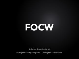 FOCW
Fluxograma / Organograma / Cronograma / Workﬂow
Sistemas Organizacionais
 