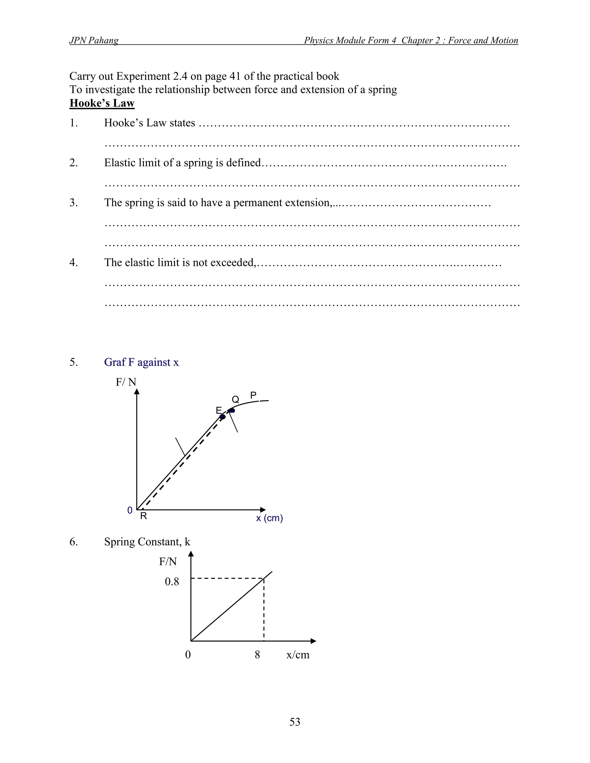 JPN Pahang                                            Physics Module Form 4 Chapter 2 : Force and Motion


Carry out Experiment 2.4 on page 41 of the practical book
To investigate the relationship between force and extension of a spring
Hooke’s Law
1.     Hooke’s Law states ………………………………………………………………………
       ………………………………………………………………………………………………
2.     Elastic limit of a spring is defined……………………………………………………….
       ………………………………………………………………………………………………
3.     The spring is said to have a permanent extension,...…………………………………
       ………………………………………………………………………………………………
       ………………………………………………………………………………………………
4.     The elastic limit is not exceeded,…………………………………………….…………
       ………………………………………………………………………………………………
       ………………………………………………………………………………………………




5.     Graf F against x
          F/ N
                                   Q   P
                               E




             0
                 R                      x (cm)

6.     Spring Constant, k
                     F/N
                     0.8




                           0            8        x/cm




                                                 53
 