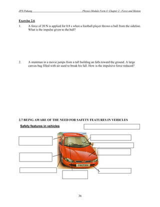 JPN Pahang                                              Physics Module Form 4 Chapter 2 : Force and Motion


Exercise 2.6
1.        A force of 20 N is applied for 0.8 s when a football player throws a ball from the sideline.
          What is the impulse given to the ball?




2.        A stuntman in a movie jumps from a tall building an falls toward the ground. A large
          canvas bag filled with air used to break his fall. How is the impulsive force reduced?




2.7 BEING AWARE OF THE NEED FOR SAFETY FEATURES IN VEHICLES
 Safety features in vehicles                              Reinforced passenger compartment


 Crash resistant door                                           Head rest
 pillars
                                                                 Windscreen
                                                                     Crumple zones
 Anti-lock brake
 system (ABS)


     Traction control                                                 bumpers
                                       Air bags




                                                   36
 