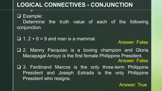 z
LOGICAL CONNECTIVES - CONJUNCTION
❑ Example:
Determine the truth value of each of the following
conjunction.
❑ 1. 2 + 6 = 9 and man is a mammal.
❑ 2. Manny Pacquiao is a boxing champion and Gloria
Macapagal Arroyo is the first female Philippine President.
❑ 3. Ferdinand Marcos is the only three-term Philippine
President and Joseph Estrada is the only Philippine
President who resigns.
Answer: False
Answer: False
Answer: True
 