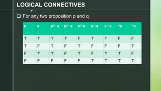 z
LOGICAL CONNECTIVES
❑ For any two proposition p and q
 