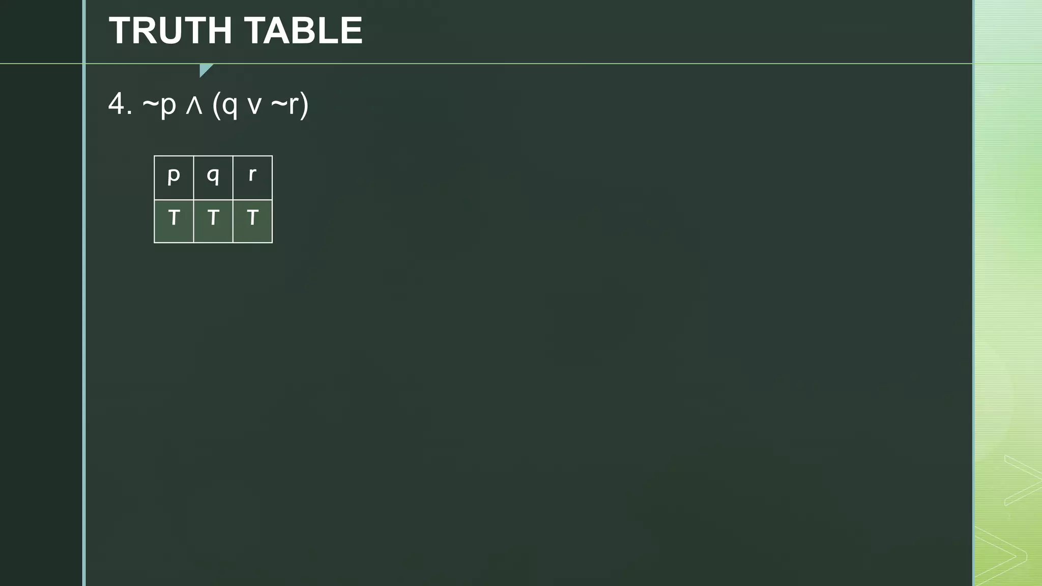 z
TRUTH TABLE
4. ~p ∧ (q v ~r)
p q r
T T T
 
