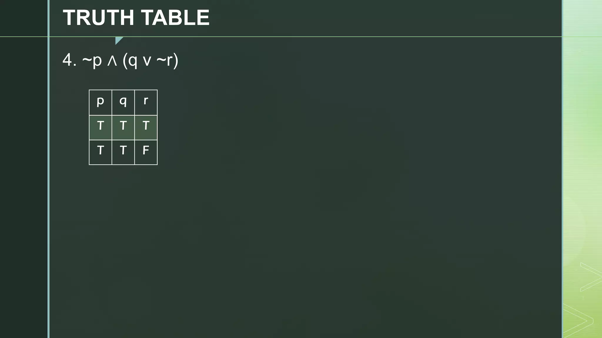 z
TRUTH TABLE
4. ~p ∧ (q v ~r)
p q r
T T T
T T F
 