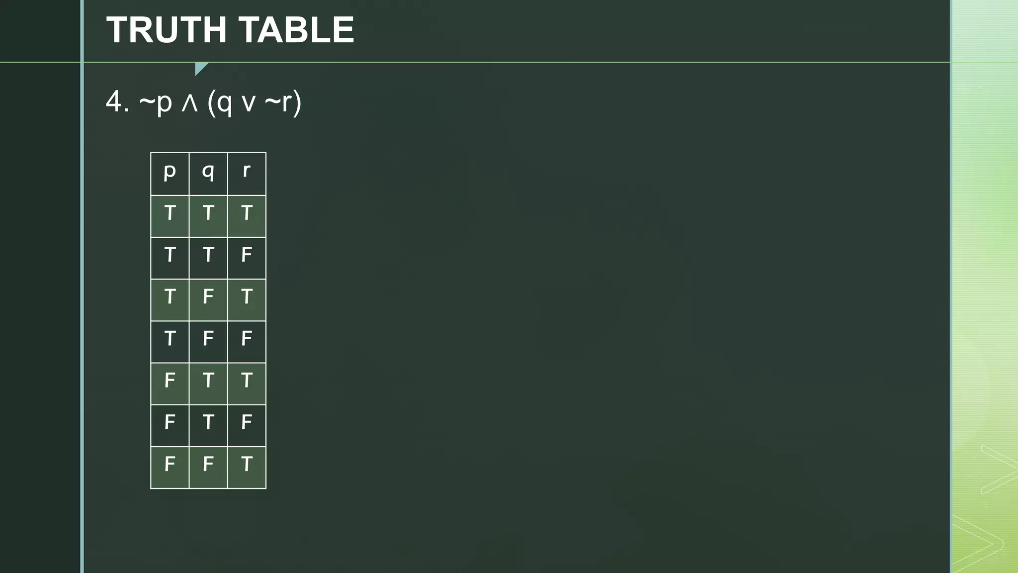 z
TRUTH TABLE
4. ~p ∧ (q v ~r)
p q r
T T T
T T F
T F T
T F F
F T T
F T F
F F T
 