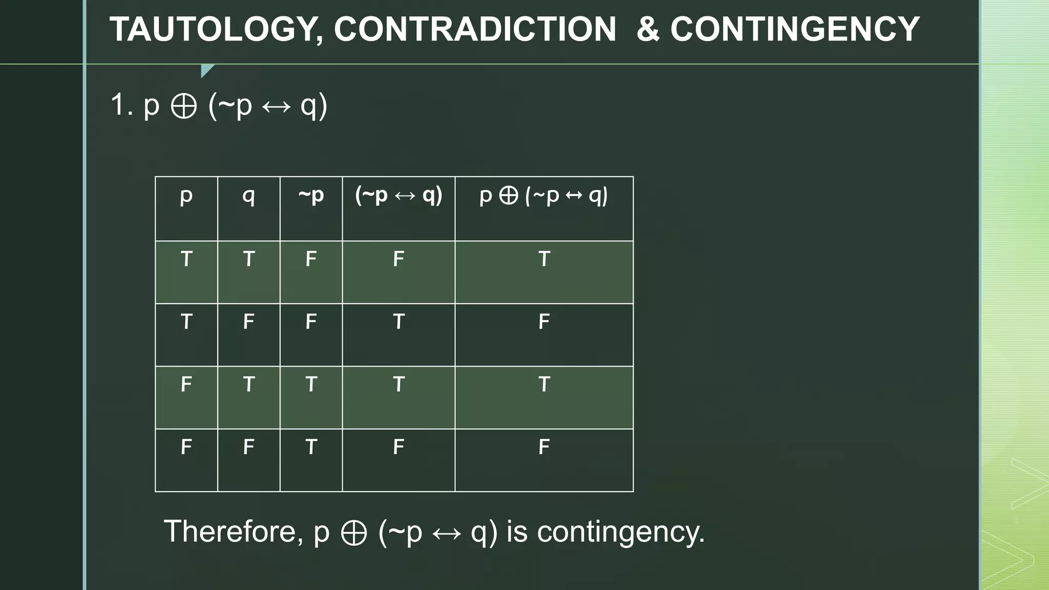 Formal Logic - Lesson 4 - Tautology, Contradiction and Contingency | PDF