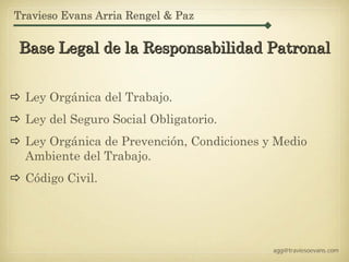 Travieso Evans Arria Rengel & Paz


Base Legal de la Responsabilidad Patronal


  Ley Orgánica del Trabajo.
  Ley del Seguro Social Obligatorio.
  Ley Orgánica de Prevención, Condiciones y Medio
  Ambiente del Trabajo.
  Código Civil.




                                           agg@traviesoevans.com
 
