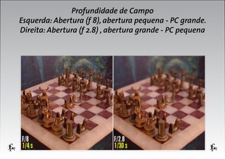 Profundidade de Campo
Esquerda: Abertura (f 8), abertura pequena - PC grande.
Direita: Abertura (f 2.8) , abertura grande - PC pequena

 