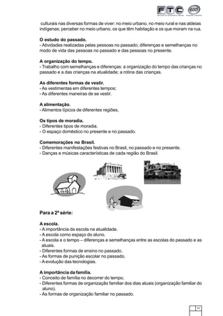 61
culturais nas diversas formas de viver: no meio urbano, no meio rural e nas aldeias
indígenas; perceber no meio urbano, os que têm habitação e os que moram na rua.
O estudo do passado.
- Atividades realizadas pelas pessoas no passado; diferenças e semelhanças no
modo de vida das pessoas no passado e das pessoas no presente.
A organização do tempo.
- Trabalho com semelhanças e diferenças: a organização do tempo das crianças no
passado e a das crianças na atualidade; a rotina das crianças.
As diferentes formas de vestir.
- As vestimentas em diferentes tempos;
- As diferentes maneiras de se vestir.
A alimentação.
- Alimentos típicos de diferentes regiões,
Os tipos de moradia.
- Diferentes tipos de moradia.
- O espaço doméstico no presente e no passado.
Comemorações no Brasil.
- Diferentes manifestações festivas no Brasil, no passado e no presente.
- Danças e músicas características de cada região do Brasil.
Para a 2ª série:
A escola.
- A importância da escola na atualidade.
- A escola como espaço do aluno.
- A escola e o tempo – diferenças e semelhanças entre as escolas do passado e as
atuais.
- Diferentes formas de ensino no passado.
- As formas de punição escolar no passado.
- A evolução das tecnologias.
A importância da família.
- Conceito de família no decorrer do tempo.
- Diferentes formas de organização familiar dos dias atuais (organização familiar do
aluno).
- As formas de organização familiar no passado.
 