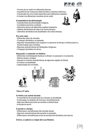 65
- Formas de se vestir em diferentes épocas.
- Importância da moda para determinados contextos históricos.
- Construção de uma moda específica para diferentes ocasiões.
- A moda e as diferentes maneiras de se vestir.
A importância da alimentação
- Característica da alimentação indígena.
- O problema da fome no Brasil.
- Alimentos típicos de diferentes regiões brasileiras.
- Hábitos alimentares de hoje e de outros tempos.
- Utensílios domésticos da atualidade e de outros tempos.
Era uma casa
- Diferentes tipos de moradia.
- O espaço doméstico no passado.
- Algumas necessidades que surgiram no decorrer do tempo e influenciaram a
transformação das moradias.
- Algumas características de habitações indígenas.
- O espaço doméstico do aluno.
Dançando e cantando na História
- Diferentes manifestações festivas no Brasil, no passado e no presente.
- Ritmos atuais e antigos.
- Danças e músicas características de algumas regiões do Brasil.
- A música na atualidade.
- Organização de uma festa.
Para a 2ª série
A minha e as outras escolas
- A importância da escola para as crianças na atualidade.
- A educação no estatuto da Criança e do Adolescente.
- Algumas diferenças entre as escolas no Brasil atual.
- A escola do aluno.
A escola e o tempo
- Diferenças e semelhanças das escolas atuais.
- Algumas características das escolas no passado.
- Diferenças e semelhanças entre as escolas dos familiares dos alunos.
O livro, o caderno e o lápis têm sua História.
 