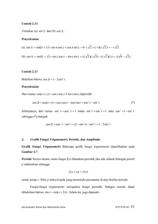 Aip Saripudin, Bahan Ajar Matematika Dasar JPTE FPTK UPI 51
Contoh 2.13
Tentukan (a) 4
5
sin 
dan (b) 12
5
cos 
.
Penyelesaian
(a)   2)2)(1(20sincoscossinsinsin 2
1
2
1
2
1
4444
5
 
 .
(b)   )26())(2()3)(2(sinsincoscoscoscos 4
1
2
1
2
1
2
1
2
1
64646412
5
 
.
Contoh 2.13
Buktikan bahwa tt 2
sin212cos  .
Penyelesaian
Dari rumus xxyxyx sinsincoscos)cos(  diperoleh
ttttttttt 22
sincossinsincoscos)cos(2cos  (*)
Selanjutnya, dari rumus 1cossin 22
 xx maka 1cossin 22
 tt atau t22
sin1cos 
sehingga (*) menjadi
tttttt 22222
sin21sin)sin1(sincos2cos 
2. Grafik Fungsi Trigonometri, Periode, dan Amplitudo
Grafik Fungsi Trigonometri Beberapa grafik fungsi trigonometri diperlihatkan pada
Gambar 2.7.
Periode Secara umum, suatu fungsi f(x) dikatakan periodik jika ada sebuah bilangan positif
p sedemikian sehingga
)()( xfpxf 
untuk setiap x. Nilai p terkecil pada yang memenuhi persamaan di atas disebut periode.
Fungsi-fungsi trigonometri merupakan fungsi periodik. Sebagai contoh, dapat
dibuktikan bahwa )2sin(sin  xx . Selain itu, juga dipenuhi
 