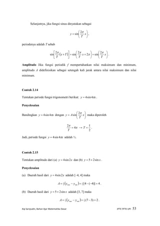 Aip Saripudin, Bahan Ajar Matematika Dasar JPTE FPTK UPI 53
Selanjutnya, jika fungsi sinus dinyatakan sebagai






 x
T
y
2
sin ,
periodenya adalah T sebab
  

















 x
T
x
T
Tx
T


 2
sin2
2
sin
2
sin .
Amplitudo Jika fungsi periodik f mempertahankan nilai maksimum dan minimum,
amplitudo A didefinisikan sebagai setengah kali jarak antara nilai maksimum dan nilai
minimum.
Contoh 2.14
Tentukan periode fungsi trigonometri berikut: xy 4sin4 .
Penyelesaian
Bandingkan xy 4sin4 dengan 





 x
T
Ay
2
sin maka diperoleh


4
2

T
→
2
1
T .
Jadi, periode fungsi xy 4sin4 adalah ½.
Contoh 2.15
Tentukan amplitudo dari (a) xy 2sin4 dan (b) xy sin25 .
Penyelesaian
(a) Daerah hasil dari xy 2sin4 adalah [–4, 4] maka
  4)]4(4[2
1
minmax2
1
 yyA .
(b) Daerah hasil dari xy sin25 adalah [3, 7] maka
  2)37(2
1
minmax2
1
 yyA .
 