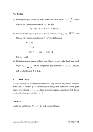 Aip Saripudin, Bahan Ajar Matematika Dasar JPTE FPTK UPI 35
Penyelesaian
(a) Hindari pembagian dengan nol maka daerah asal untuk fungsi
1
1
)(


x
xf adalah
bilangan real x yang memenuhi syarat x – 1  0. Jadi,
Df : {x | x  1, x  R} atau (–, 1)  (1, ).
(b) Hindari akar bilangan negatif maka daerah asal untuk fungsi 2
4)( xxf  adalah
bilangan real x yang memenuhi syarat 04 2
 x . Selanjutnya,
04 2
 x
42
x
2x atau 22  x .
Jadi, Df : [2, 2].
(c) Hindari pembagian dengan nol dan akar bilangan negatif maka daerah asal untuk
fungsi
2
4
1
)(
x
xf

 adalah bilangan real yang memenuhi 04 2
 x . Lihat cara
pada jawaban (b), jadi Df : (2, 2).
3. Grafik Fungsi
Misalnya x merupakan unsur himpunan daerah asal yang berkaitan dengan unsur himpunan
daerah hasil y, titik-titik (x, y) dalam koodinat bidang akan membentuk sebuah grafik
fungsi. Grafik fungsi y = x +3, sebagai contoh, merupakan sekumpulan titik dengan
koordinat (x, y) yang memenuhi y = x + 3.
Contoh 2.4
Gambarkan grafik fungsi xxxf 2)( 2
 pada koordinat bidang.
 