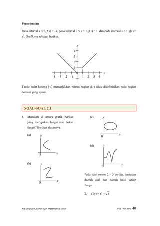 Aip Saripudin, Bahan Ajar Matematika Dasar JPTE FPTK UPI 40
y
x
0
Penyelesaian
Pada interval x < 0, f(x) = –x, pada interval 0  x < 1, f(x) = 1, dan pada interval x  1, f(x) =
x2
. Grafiknya sebagai berikut.
Tanda bulat kosong [○] menunjukkan bahwa bagian f(x) tidak didefinisikan pada bagian
domain yang sesuai.
1. Manakah di antara grafik berikut
yang merupakan fungsi atau bukan
fungsi? Berikan alasannya.
(a)
(b)
(c)
(d)
Pada soal nomor 2 – 5 berikut, tentukan
daerah asal dan daerah hasil setiap
fungsi.
2. xxxf  2
)(
SOAL-SOAL 2.1
1 2 3 4–4 –3 –2 –1
1
2
3
4
x
y
o
y
x
0
y
x
0
y
x
0
 