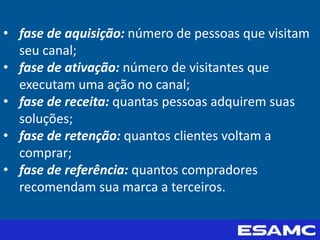 • fase de aquisição: número de pessoas que visitam
seu canal;
• fase de ativação: número de visitantes que
executam uma ação no canal;
• fase de receita: quantas pessoas adquirem suas
soluções;
• fase de retenção: quantos clientes voltam a
comprar;
• fase de referência: quantos compradores
recomendam sua marca a terceiros.
 