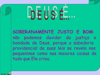 SOBERANAMENTE JUSTO E BOM:
não podemos duvidar da justiça e
bondade de Deus, porque a sabedoria
providencial de suas leis se revela nas
pequeninas como nas maiores coisas de
tudo que Ele criou.
23:42
 