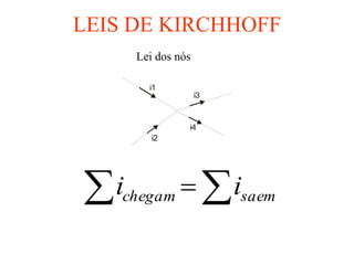 LEIS DE KIRCHHOFF
     Lei dos nós

       i1
                   i3


               i4
        i2




 ichegam   isaem
 