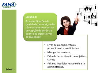 •   Planejamento de comunicação;
          •   Falta ou insuficiente
              coordenação entre marketing e
              operações;
          •   Organização não funciona
              conforme especificações e as
              campanhas as seguem;
          •   Propensão ao exagero das
              campanhas.
Aula 02
 