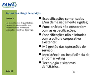• Resulta em:
             – Qualidade negativamente confirmada;
             – Má propaganda boca-a-boca;
             – Impacto negativo sobre a imagem;
             – Perda de negócios.

          • Qualquer uma das lacunas anteriores
Aula 02
            isoladamente ou em combinação.
 
