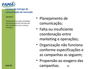 Zona de tolerância
          O conceito de zona de tolerância pressupõe que os
          clientes não tem expectativas de um atributo de
          serviço em um único nível dado, ao contrário eles
          toleram variações.




Aula 02
 