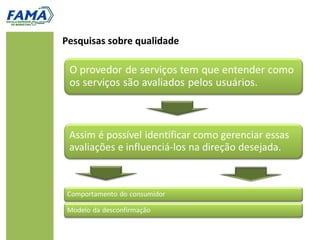 Dimensões da qualidade: o que e como


   O QUE é entregue         COMO é entregue
      RESULTADO                PROCESSO
  Qualidade técnica do Qualidade funcional do
        resultado               processo
  Nem sempre pode ser
                                Subjetiva
       objetivado
   É importante para      É fundamental para a
        avaliação               avaliação
 Parte da experiência da É quase a totalidade da
       qualidade               experiência
 