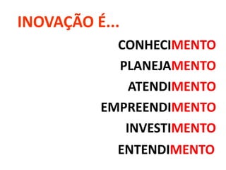 CONHECIMENTO
PLANEJAMENTO
ATENDIMENTO
EMPREENDIMENTO
INVESTIMENTO
ENTENDIMENTO
INOVAÇÃO É...
 